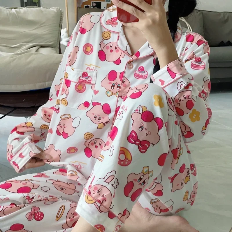 

Kawaii Kirby Anime Women Pajamas Cartoon Cute Printed Long-sleeved Pants Two-piece Spring Autumn Can Go Out Homewear Suit Gift