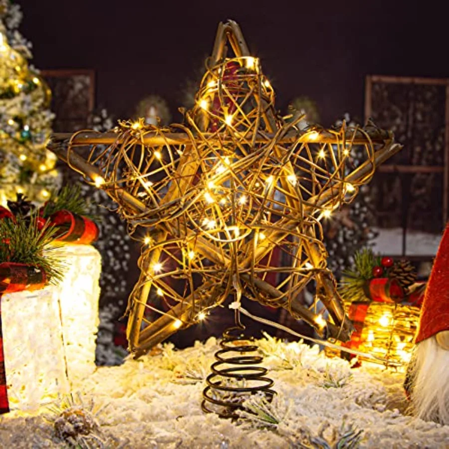 Rattan Natural Star Christmas Tree Topper - Rustic Farmhouse Xmas Treetop with 50 Warm LED Lights for Indoor Christmas Tree Dec