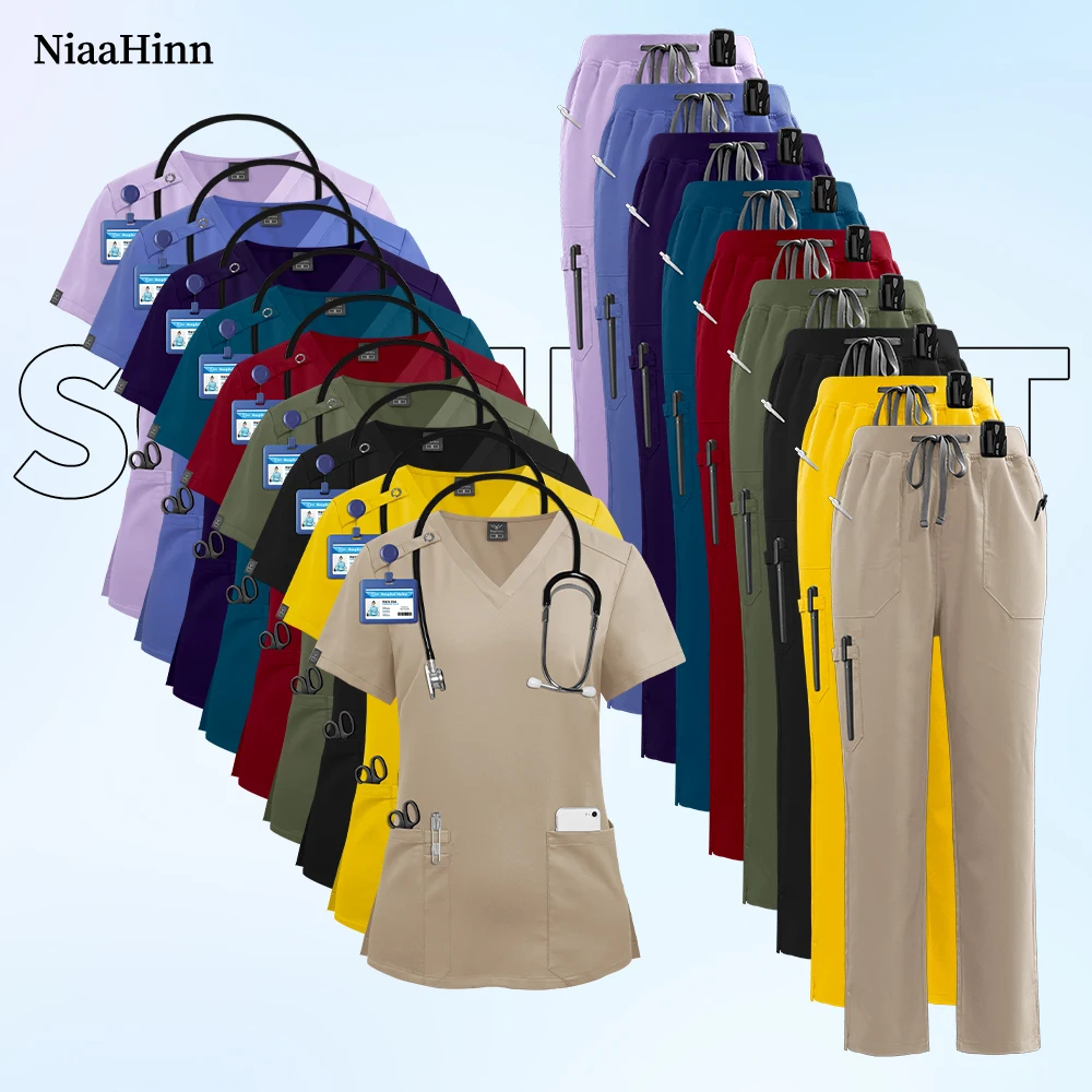 

Высококачественный медицинский костюм Niaahinn: топ с коротким рукавом и брюки, комплект для женщин, разноцветный, для работы с животными, медицинская униформа, аксессуары для медсестер