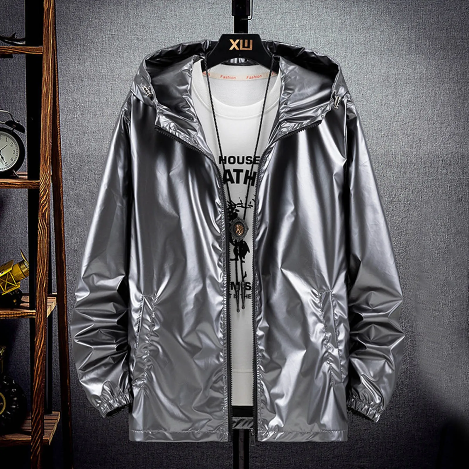 

Mens Glossy Nightclub Jacket Solid Color Hooded Pockets Coat Harajuku Oversized Zipper Overcoat Spring Streetwear Male Jackets