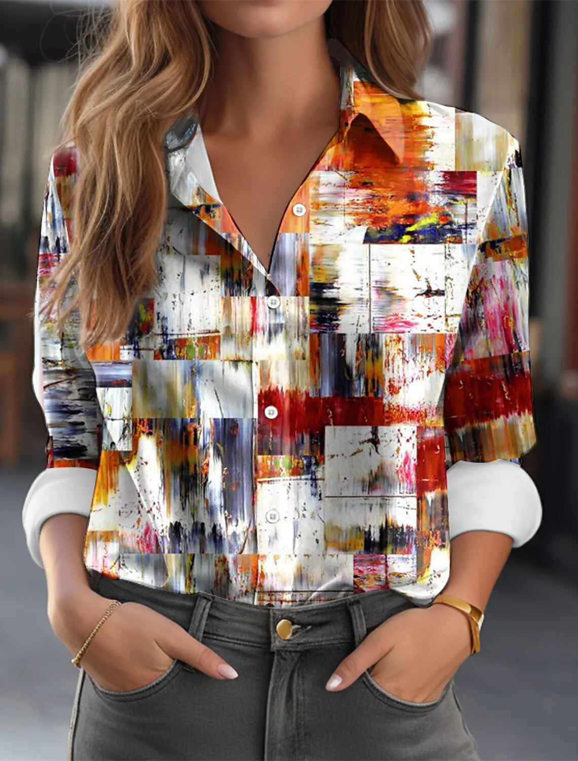 

Fashion Multicolour Geometric Splicing Pattern 3D Print Women's Long Sleeves Shirt Autumn Women's Holiday Shirt Women's Clothing