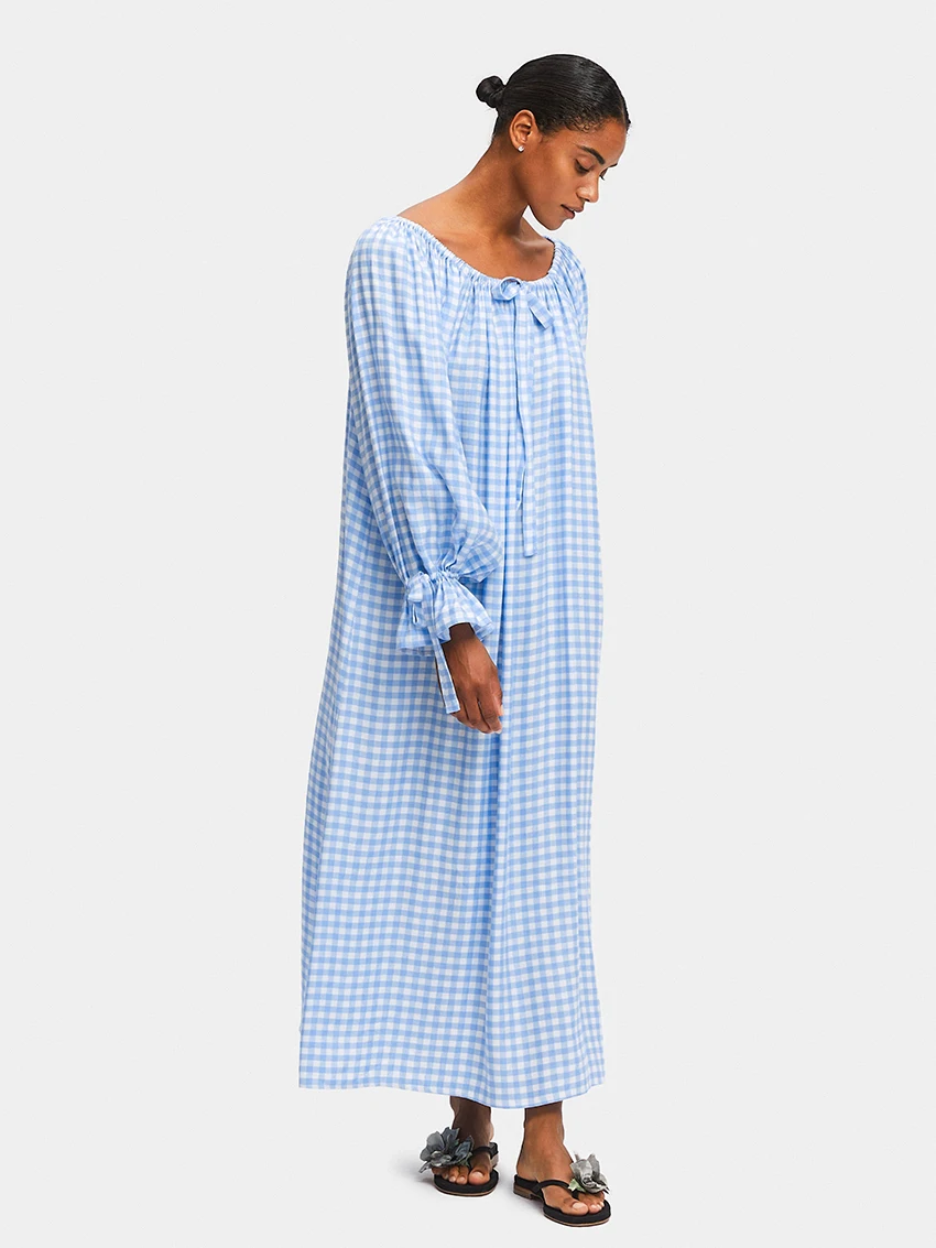 Marthaqiqi Plaid Casual Female Sleepwear Sexy O-Neck Pajamas Long Sleeve Nightgowns Floor-Length Dress Loose Home Clothes Women