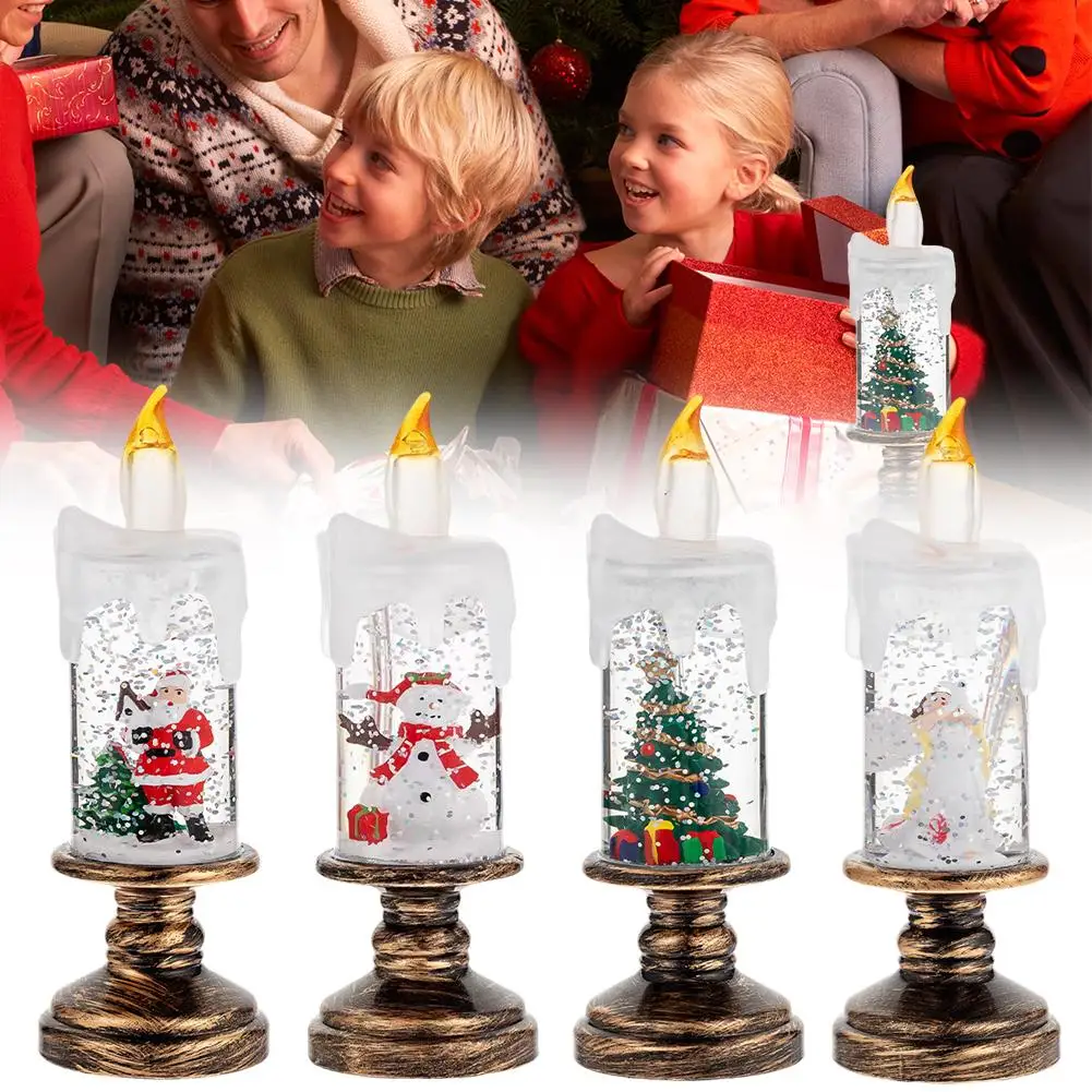 Christmas Snow Flameless Candle Glittering Christmas Rotating Night Water Flashing Snow Candle Lights Snow Glob X3S5