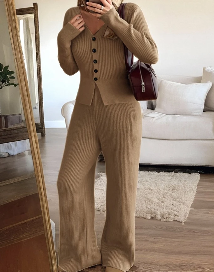 

Hot Selling 2025 Thick Knitted V-Neck Long Sleeved Cardigan and Casual Wide Leg Loose Knitted Pants Set for Women