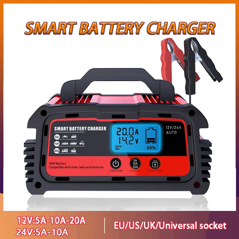 

12V-24V 20A Full Automatic Battery-chargers Digital LCD Display Car Battery Charger Power Puls Repair Chargers Wet Dry Lead Acid