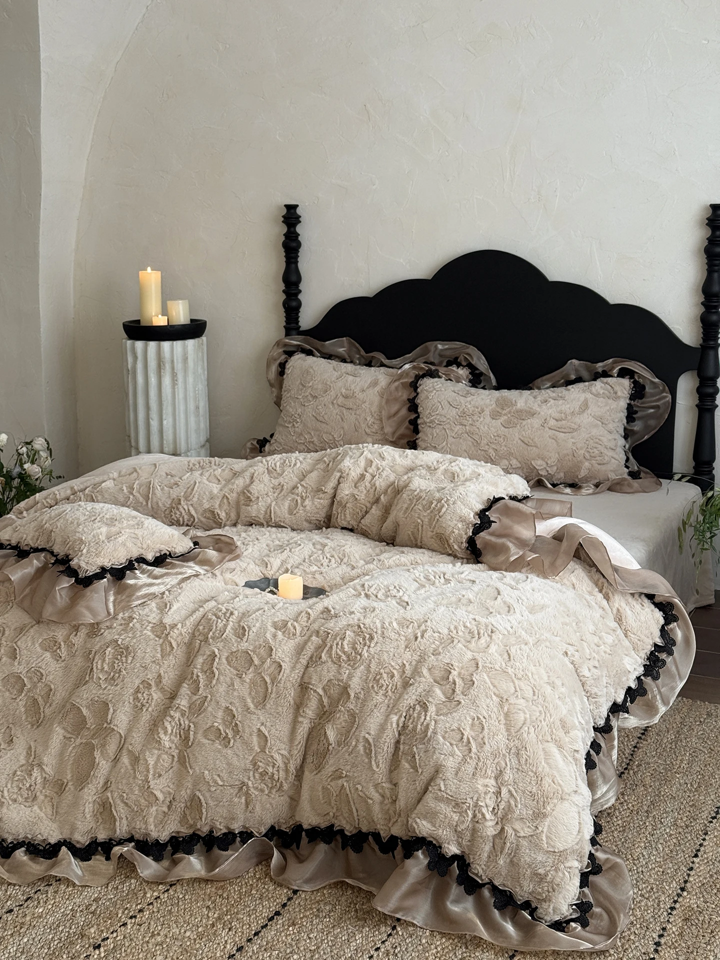 Thiened Milk Velvet Bedding Set Princ Sle Lace Double Sided Fluffy Warmth Bed eet Quilt Cover Blanket Four Piece Set