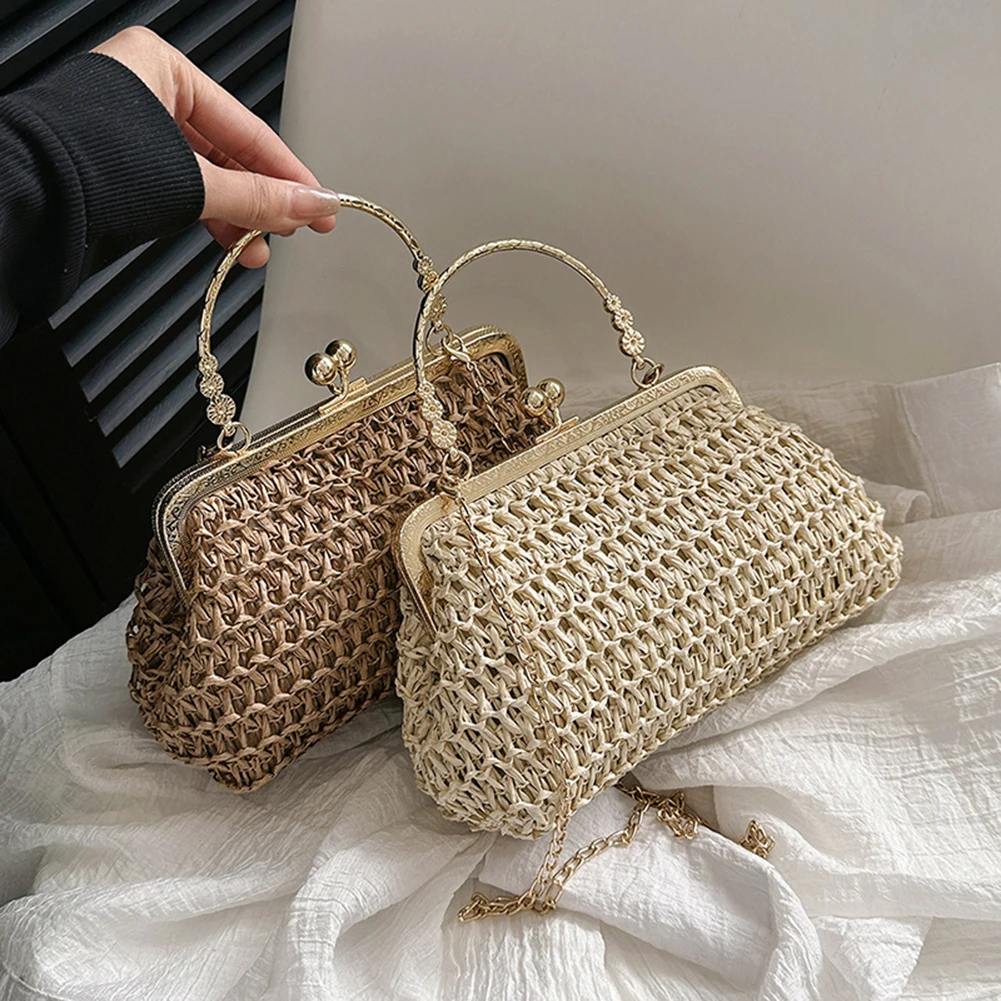 Summer Beach Straw Bags Exquisite Gold Chain Party Banquet Purse Hand Woven Handbag Female Clutch Bag Shoulder Crossbody Bags - view 2