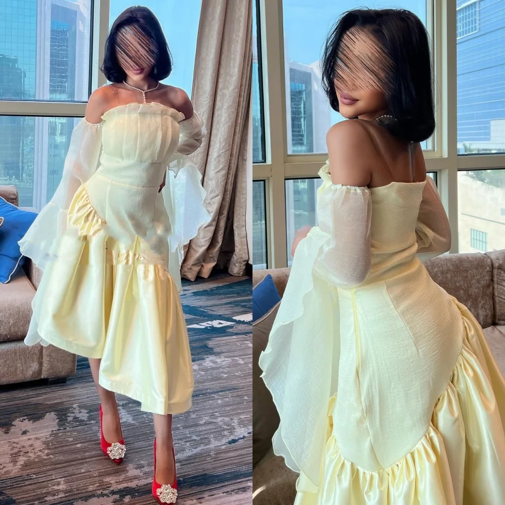 Ball Dress Saudi Arabia Prom Satin Draped Wedding Party A-line Off-the-shoulder Bespoke Occasion Gown Knee Length Dresses