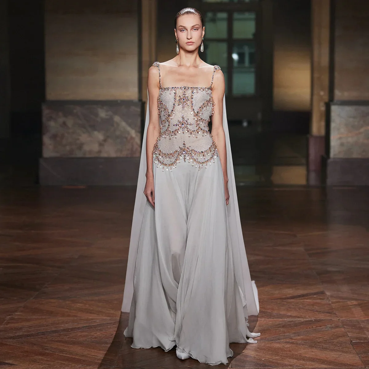 

Luxury Elegant Trend A Line Square Neck Open Back Cape Ribbon Beaded Crystal Corset Chiffon Draped Evening Red Carpet Dress