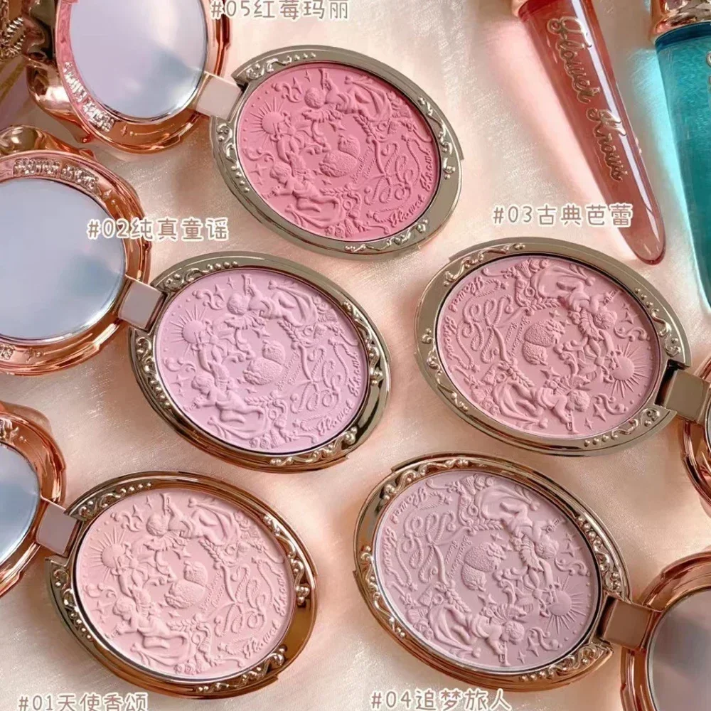 Flower Knows Strawberry Rococo Series Blush met reliëf Natuurlijk waterdicht Anti-zweet Verhelderende huidskleur Contouring Wangtint