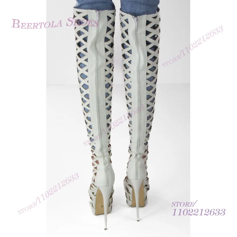 White Mesh Hollow Platform Knee Boots Women Stiletto Peep Toe Back Zipper Sexy Shoes Simple Summer Spotted Leather Sewing Shoes