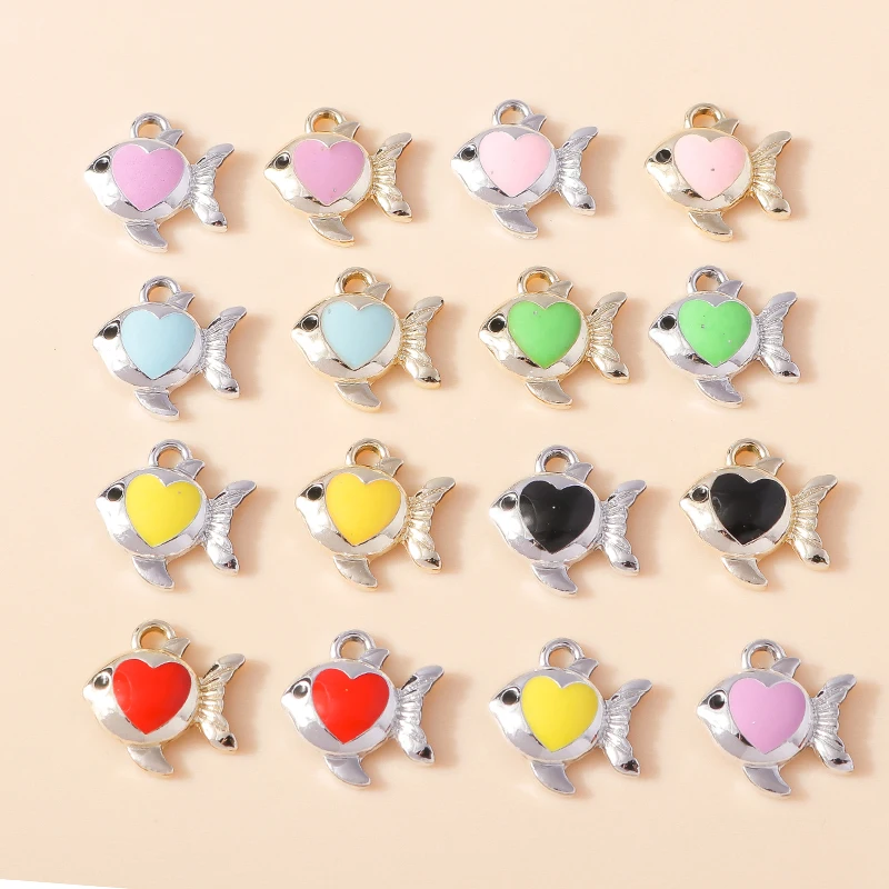 10 stücke Mode bunte Goldfisch Emaille Herz Fisch Charms für Ohrringe Armband Halskette DIY Schmuck Anhänger Großhandel
