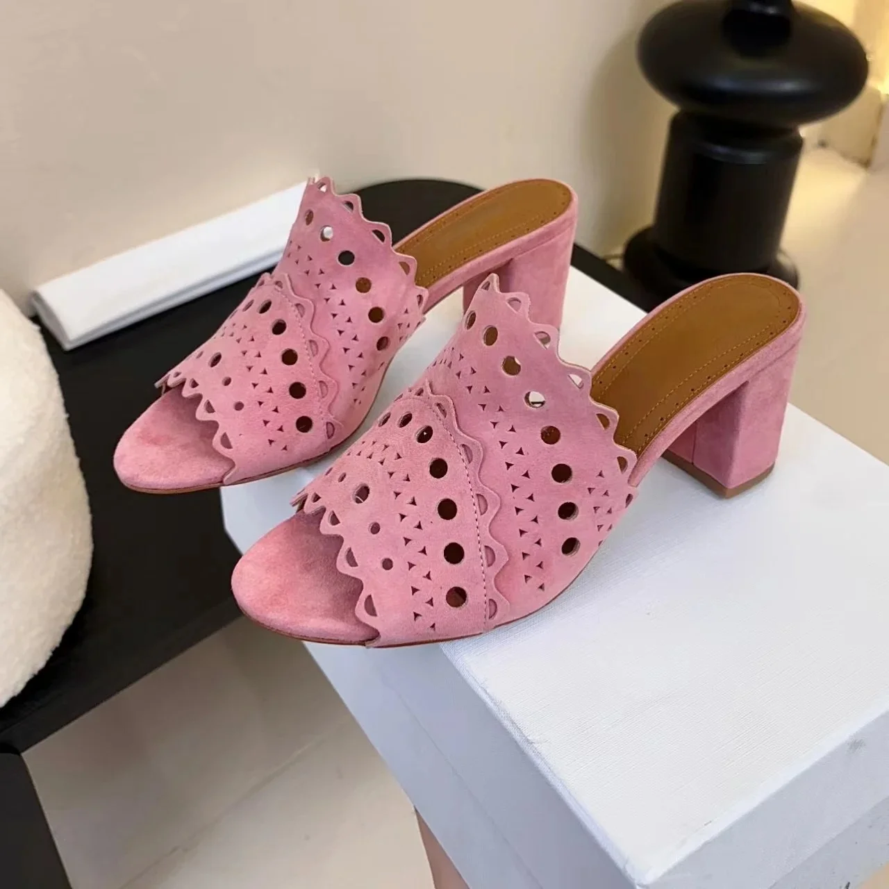 

Bohemian Sandals 2025 New Arrival Genuine Leather Open-Toe High Heel Woman Slippers Hollow Mules Slides Desinger Bota Feminina