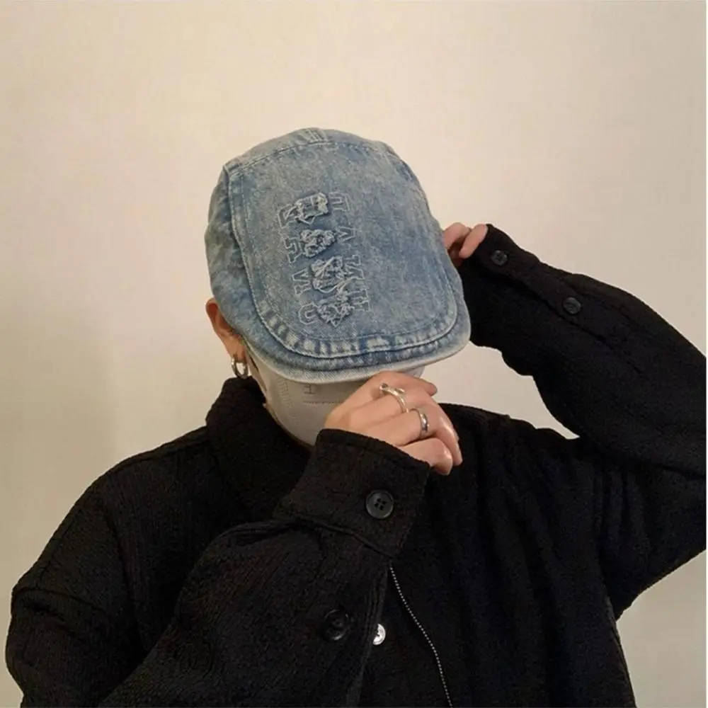 

Fashion Adjustable Denim Beret Large Head Circumference Korean Style Men Beret Streetwear Painter Hat Cowboy Forward Hat Girl