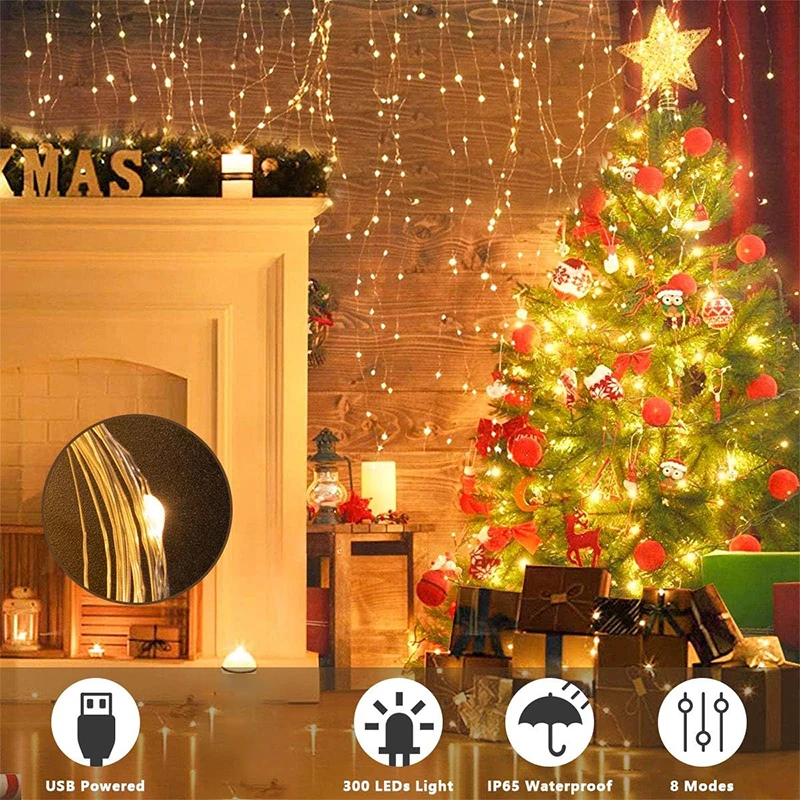 Guirnalda de luces LED USB para decoración de hadas, cortina de vacaciones, lámpara de 8 modos para el hogar, jardín, fiesta de Navidad, Año Nuevo, boda, 3M