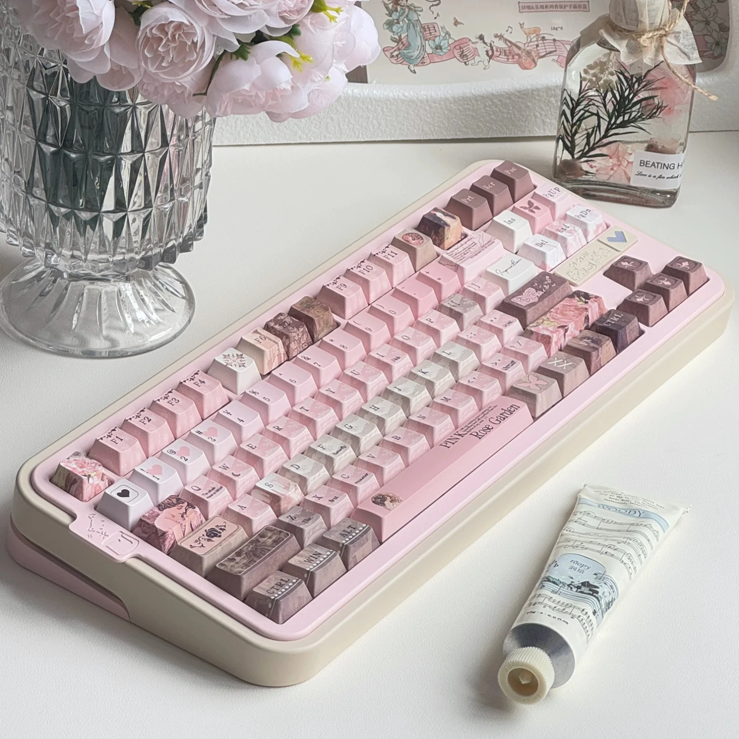 MAIMOOO Pink Rose Garden Keycap Cherry Profile PBT Thermal Sublimation Retro Oil Painting Style Keycaps for Mechanical Keyboard