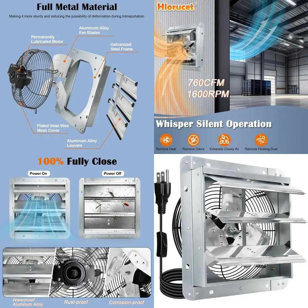

7 Wall-Mounted Louvered Exhaust Fan for Garage, Greenhouse, and Attic - 760mm, 1600RPM, Low Noise, 1.8m Power Cord