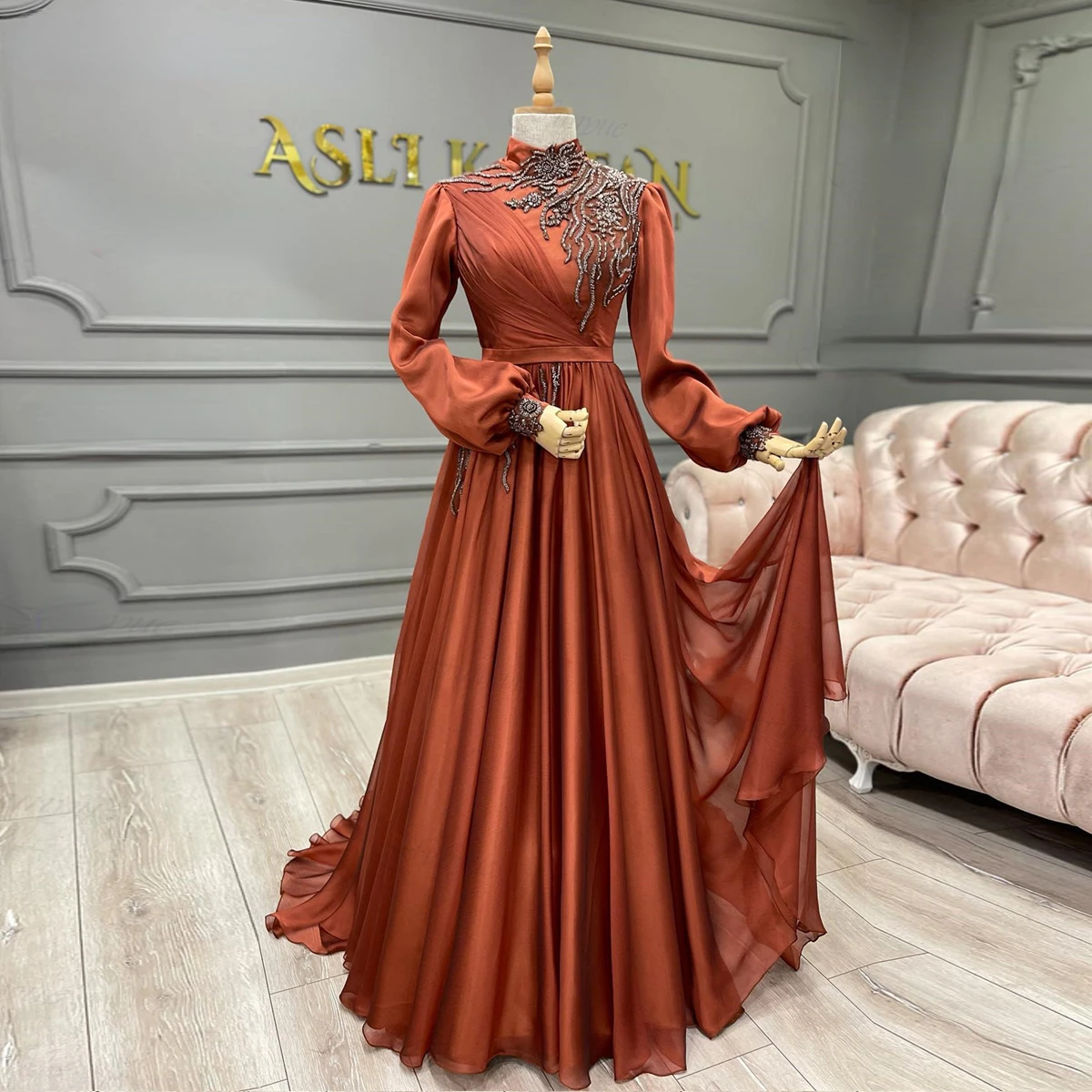 

Orange Muslim Women Prom Formal Dress Caftan Marocain De Mariage Chiffon A-Line Long Sleeve Party Dresses Women Evening Gowns