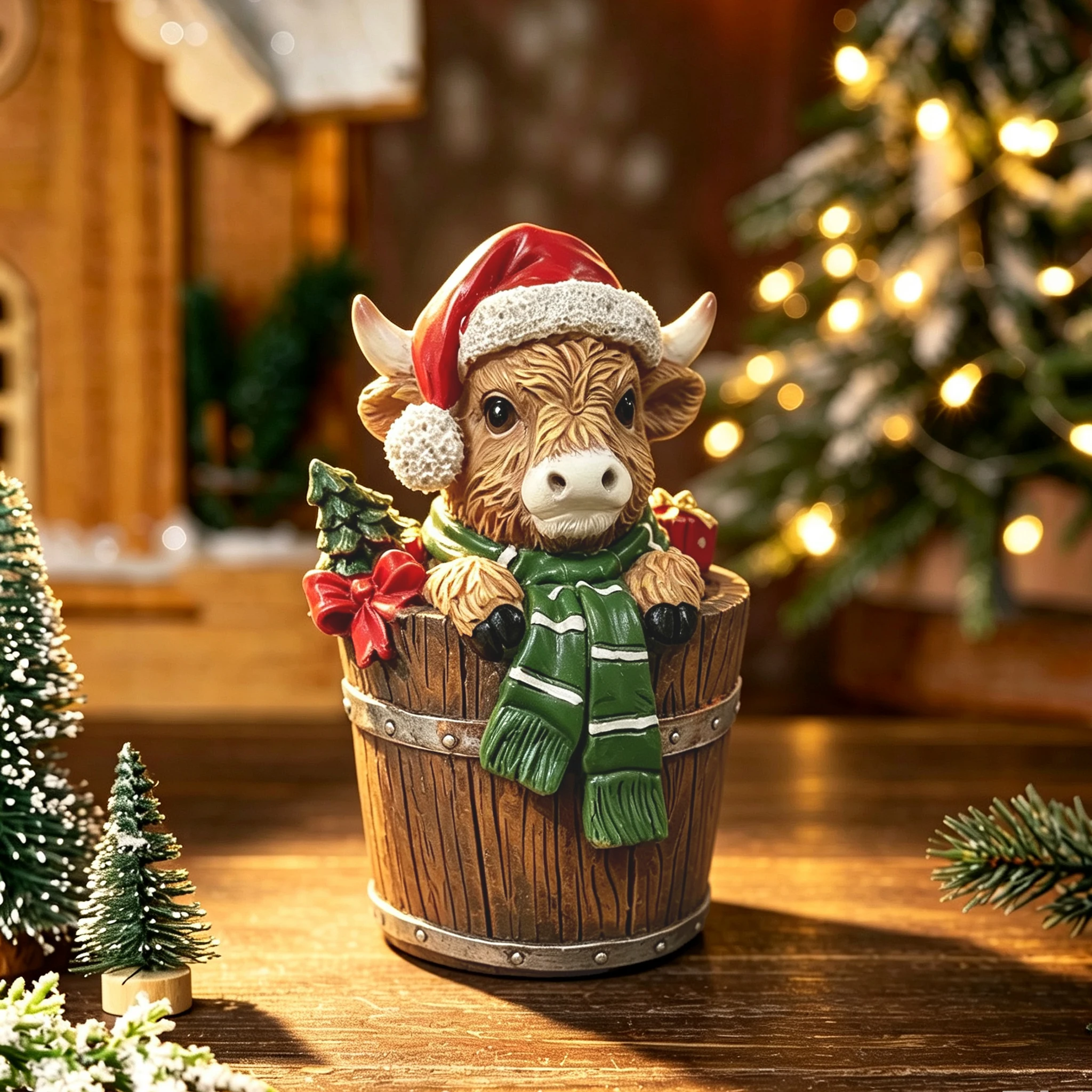 Christmas Highland Cow Resin Figurine, Santa Hat Highland Cattle in Wooden Barrel Statue, Winter Holiday Tabletop Ornament