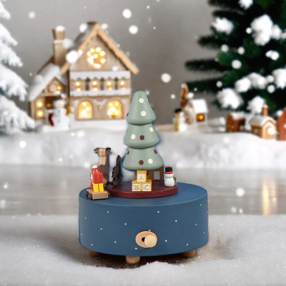 

New Product Design Spin Elk Sled Blue Round Bottom Wooden Music Boxes For Christmas Gifts