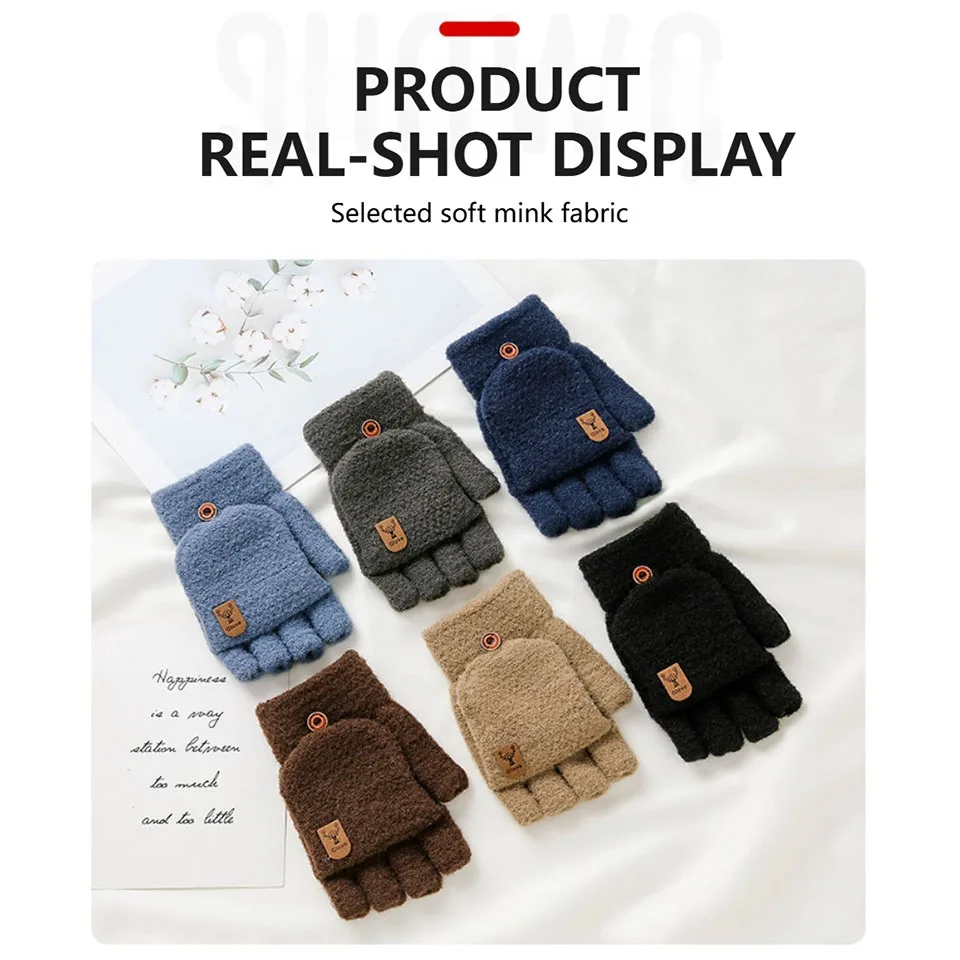 KoKossi Men's Women's Winter Coldproof Gloves Warm Dual Use Student Half Finger Flip Knitted Gloves Fleece-lined Thickened