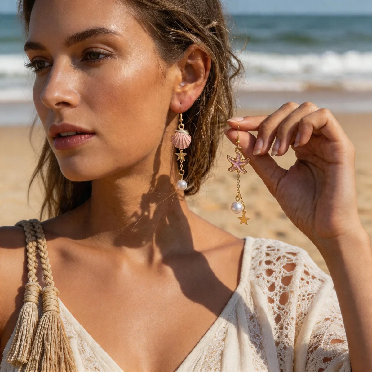 Ocean Beach Emaille Seestern Muschel Imitationsperlen Quaste Asymmetrische Hängeohrringe für Damen und Herren Stern-Ohrringe Sommer-Schmuck – Detail 5
