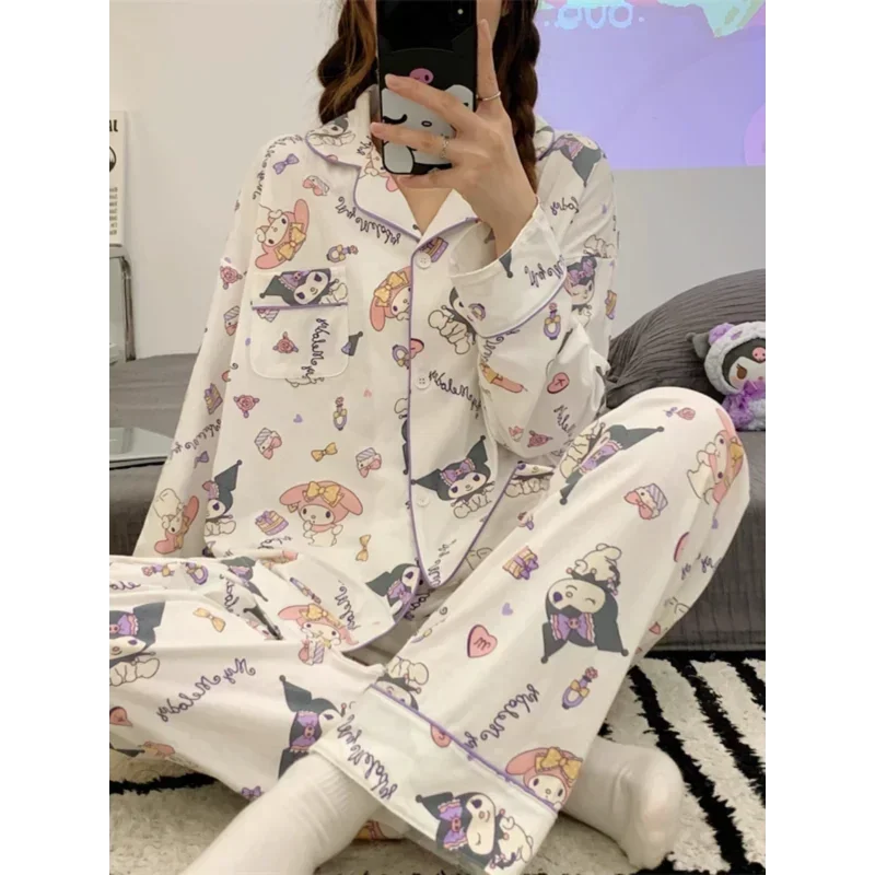 Sanrio kulomi pijamas de seda femininos outono dos desenhos animados puro algodão calças de manga comprida solto casual loungewear pijamas conjunto