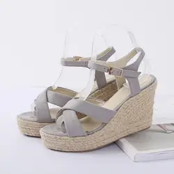 Size 30-44 Women's Summer Wedge Sandals High Heel Platform Platform Open Toe Shoes Grey Straw Heel