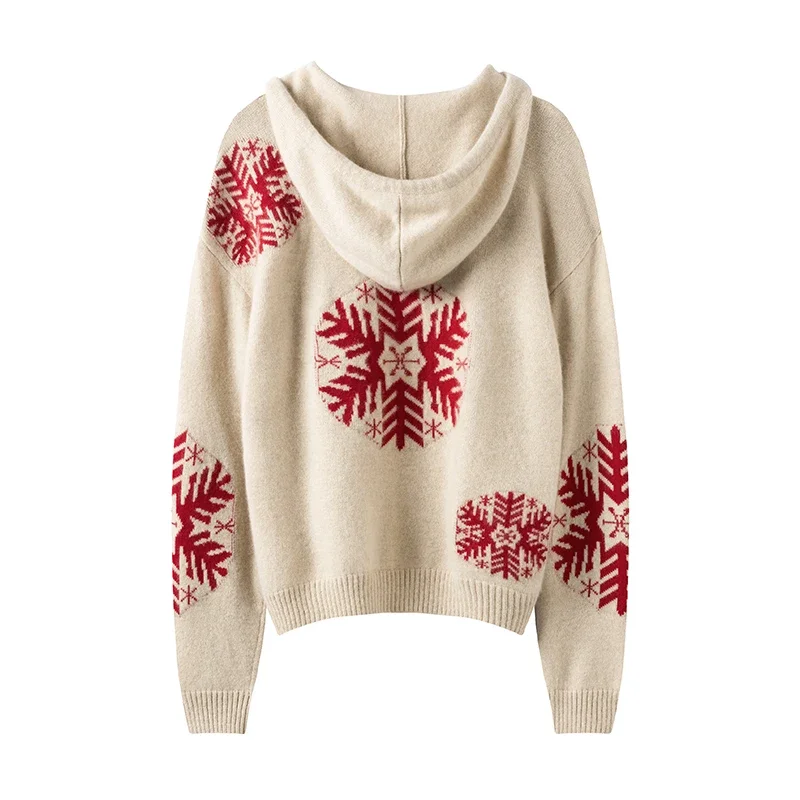 winter new style snowflake jacquard 100% cashmere christmas hoodies sweater