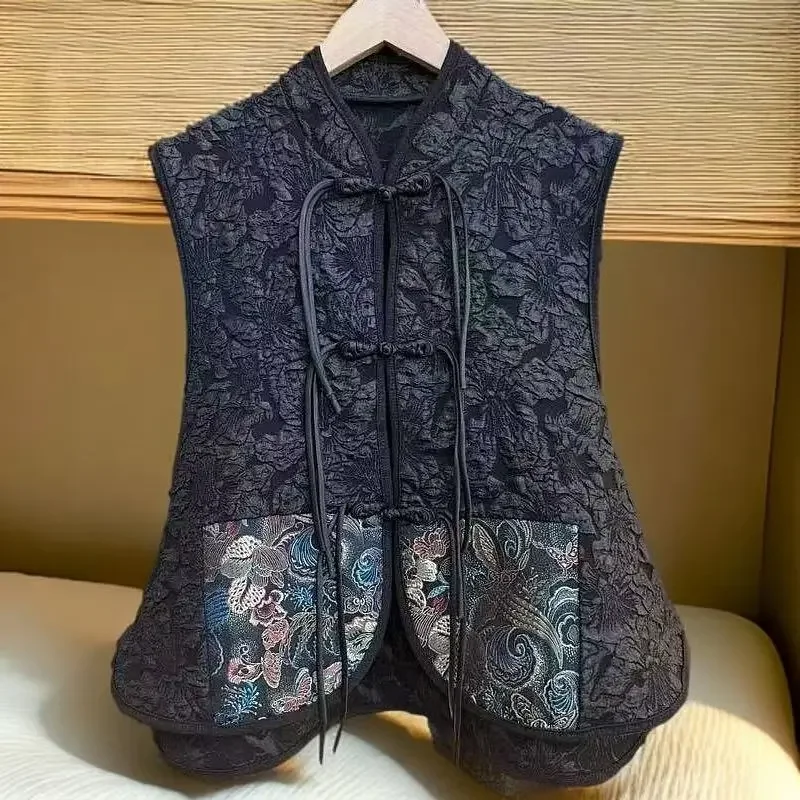 Women Black Jacquard Chinese Style Vest Collar Sleeveless Frog Button All-match Waistcoat