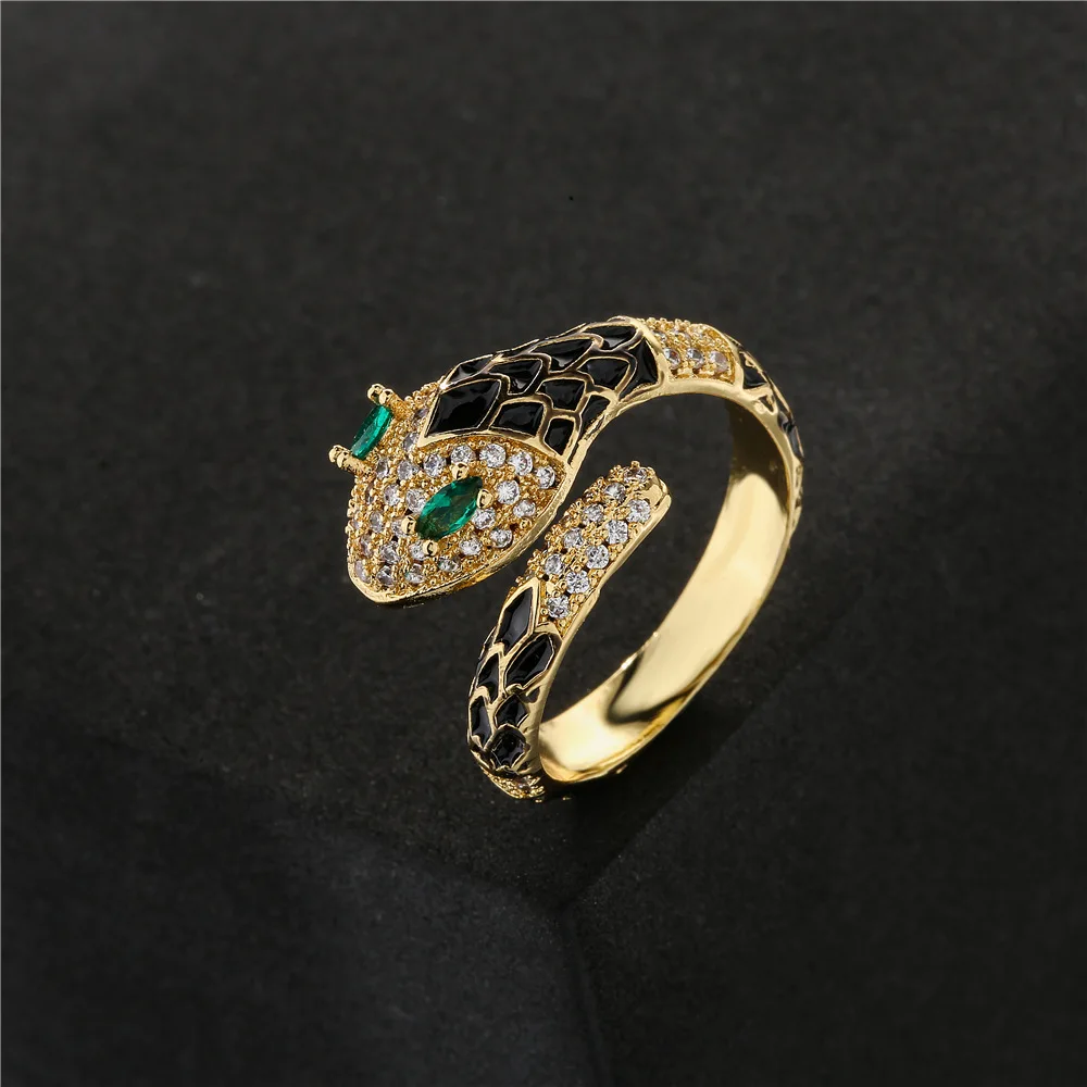 Dropping Oil Open Rings For Women Luxury Zircon Snake Ring Gold Color Adjustable Rings Animal Jewelry