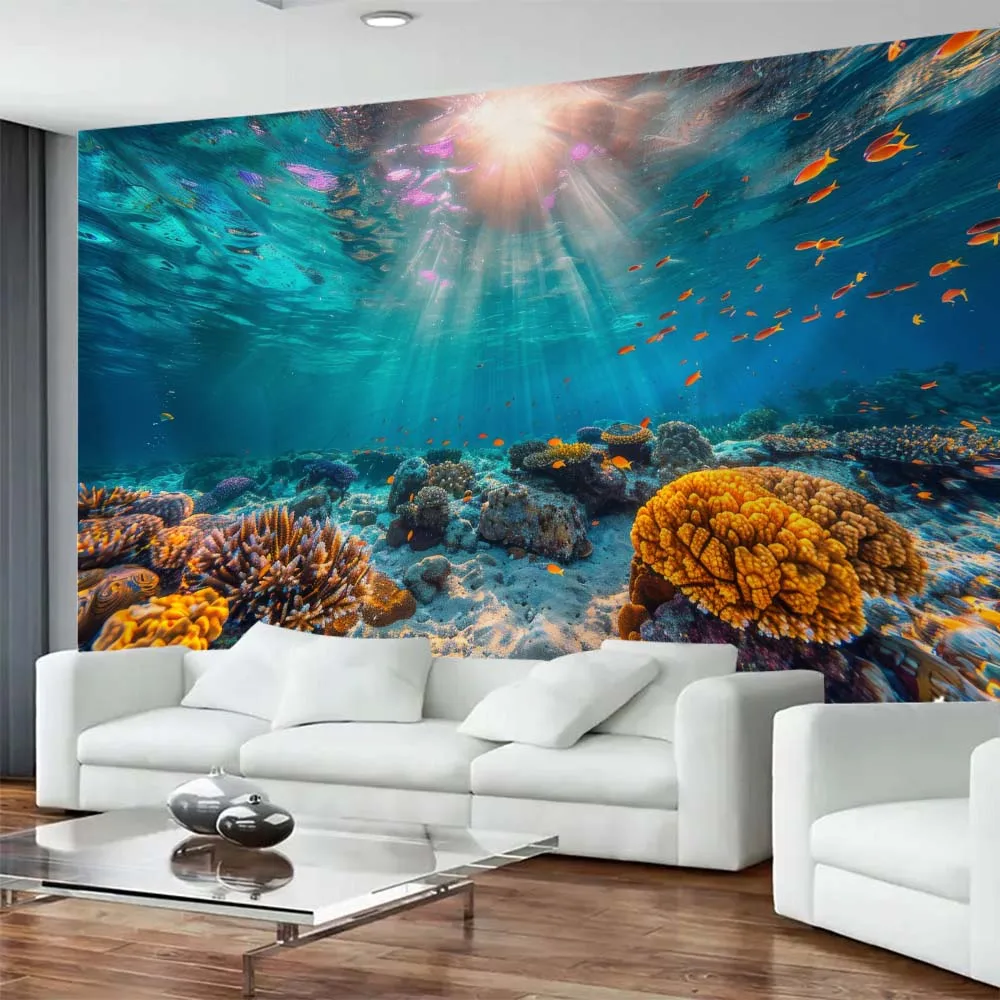 Vivid Underwater World Tapestry Sunlight Coral Reefs Fish Schools Background Fabric for Room Decoration Wall Hanging Art