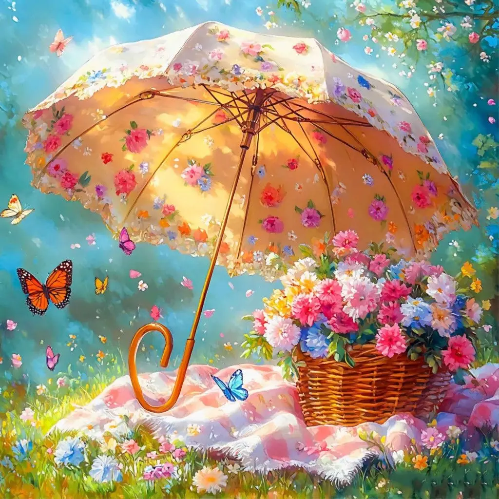 DIY Floral Umbrella Basket Landscape Diamond Painting Butterfly Meadow Picnic Modern Wall Decoration for Living Room and Bedroom