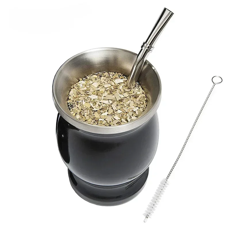 Yerba Mate Cup 304 Stainless Steel Double Wall 8oz Argentine Yerba Mate Gourd with Bombillas and Cleaning Brush