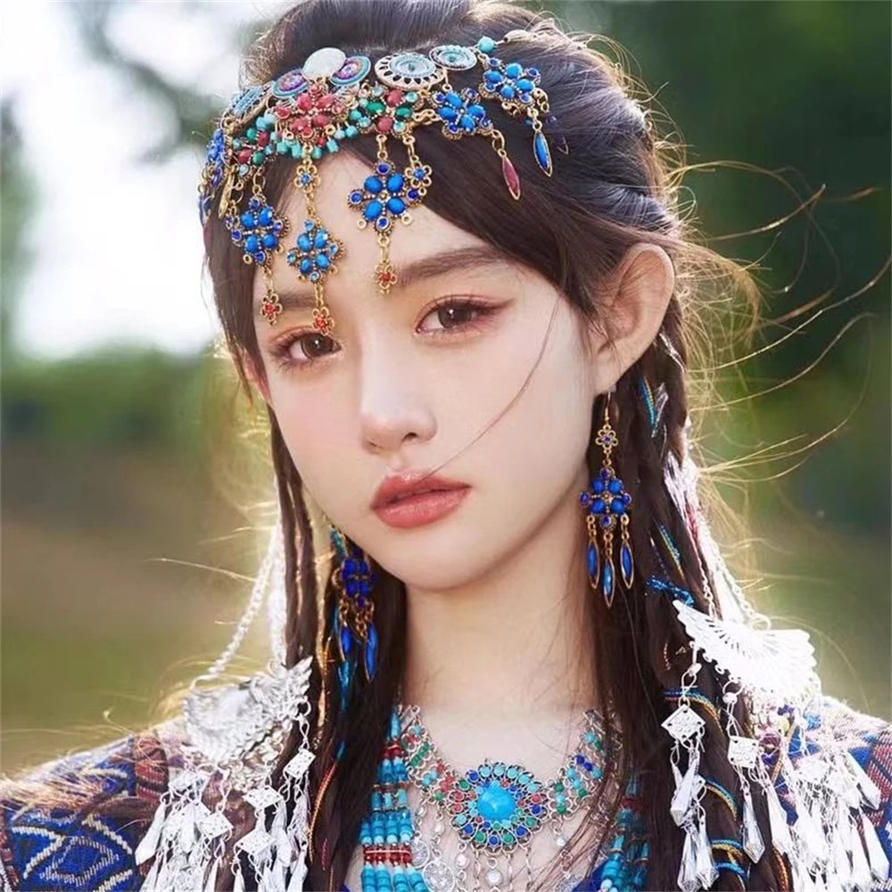 Vintage Ethnic Head Chains Hanfu Hair Accessories Colorful Bead Headddress Gypsy Tribal Afghan Dress Headpiece Indian Jewelry