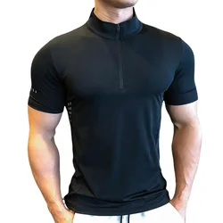 Men's Fitness Ice Silk Sports Tight Tops Running Training Dry Fit Short Sleeve with Half Zip Bodybuilding Tee Muscle Fit T-shirt
