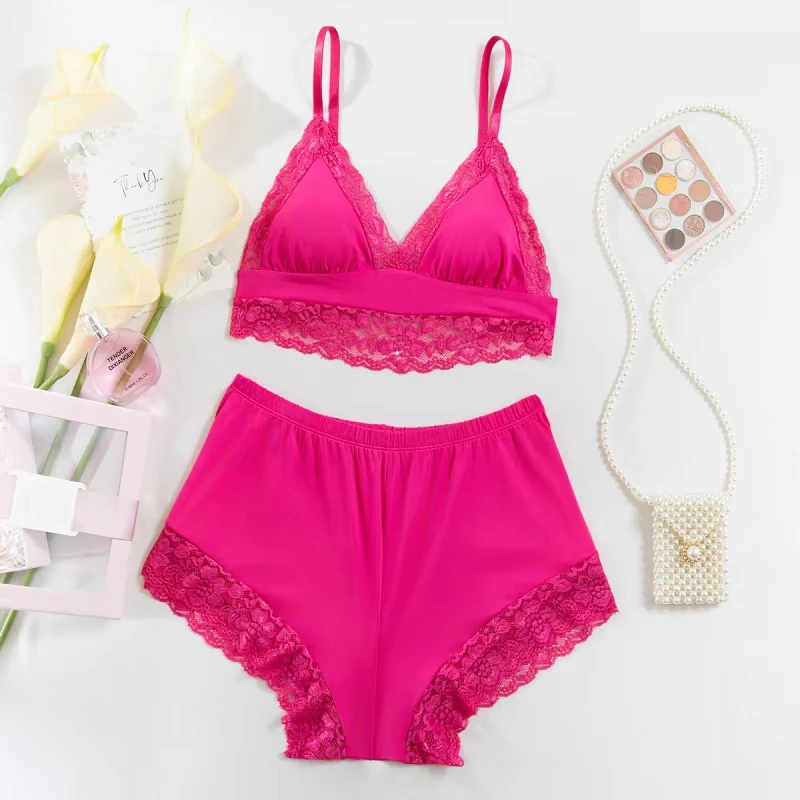 Bikini Lace Patchwork Pajama Set Wireless Strap Shorts Comfortable Two-Piece Set