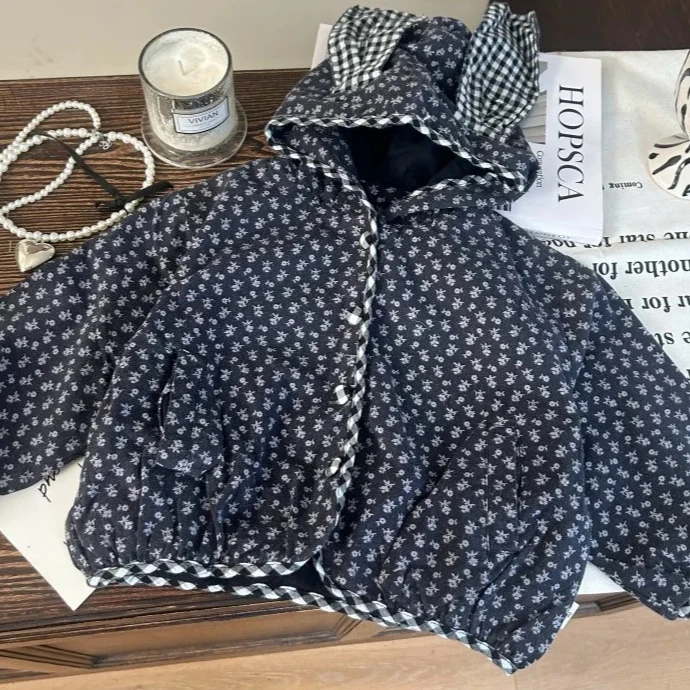 

Girls Suit 2025 Autumn New Childrens Clothing Korean Style Girl Baby Rabbit Ears Floral Coat Leggings Two Sets Casual Simple