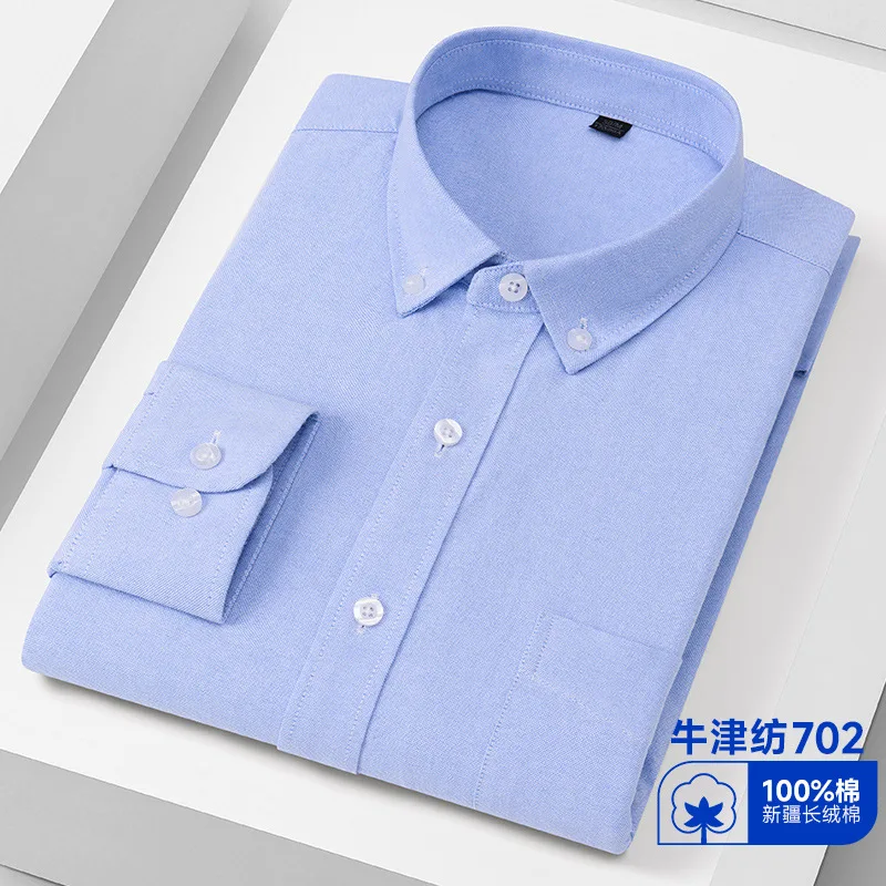 New Men\'s Social Shirt Long Sleeve 100%Pure Cotton Oxford Soft Buttoned Formal Male Clothes Oversized Solid Color Shirt S-7XL