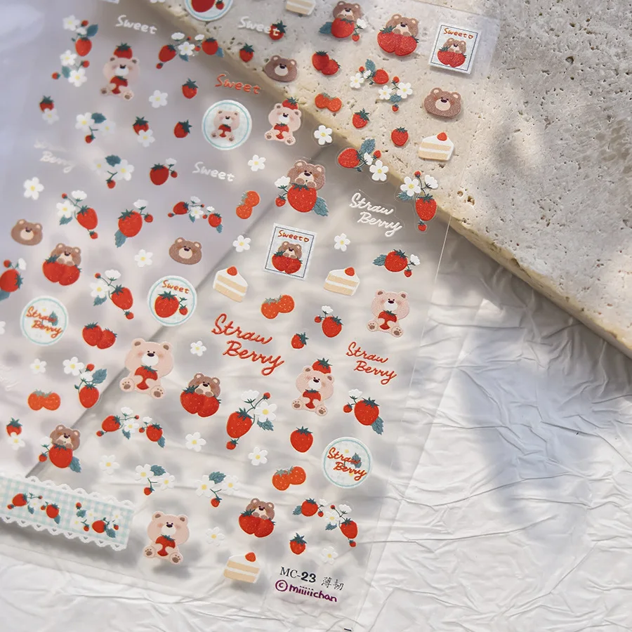 Simpatico orso cane animali torta dolce ciliegia griglia bowknot stella linea frutta sollievo autoadesivo adesivi per nail art decalcomanie per manicure 5D