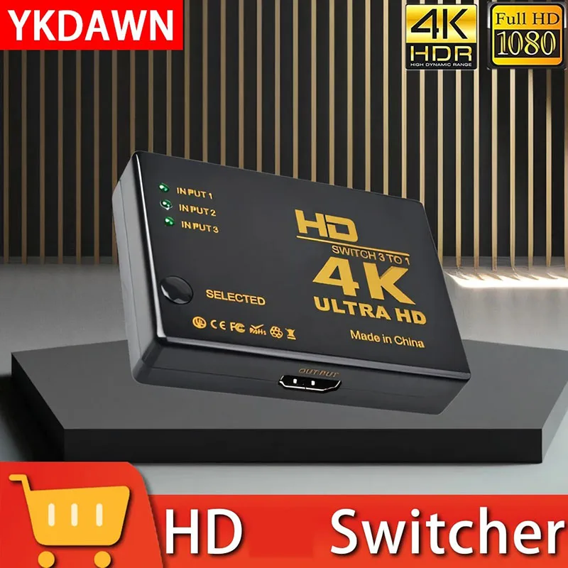 YKDAWN HD Signal Splitter Switch, V1.4, 4K, 1080P, 3-in, 1-Out, Sélecteur 3 ports, 3x1 avec télécommande pour PC, PS3, PS4, HDTV