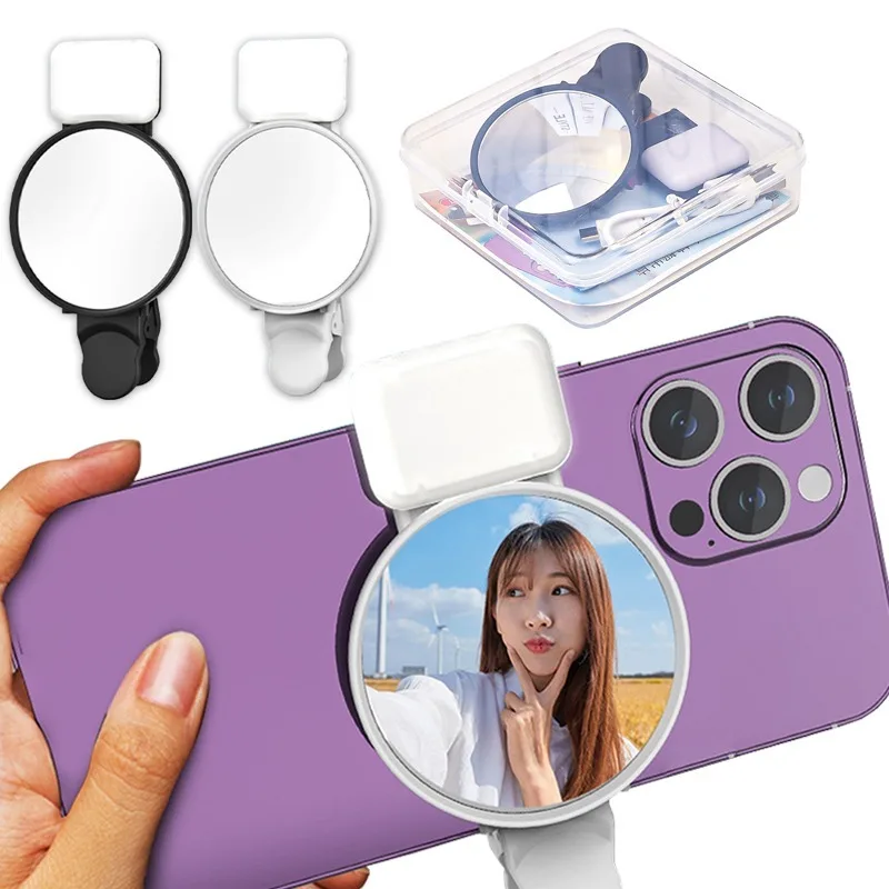 2 in 1 Mobile Phone Selfie Back Mirror with LED Flash Light Smartphone Selfie Live Lamp Fill Light With Clip For iPhone Samsung