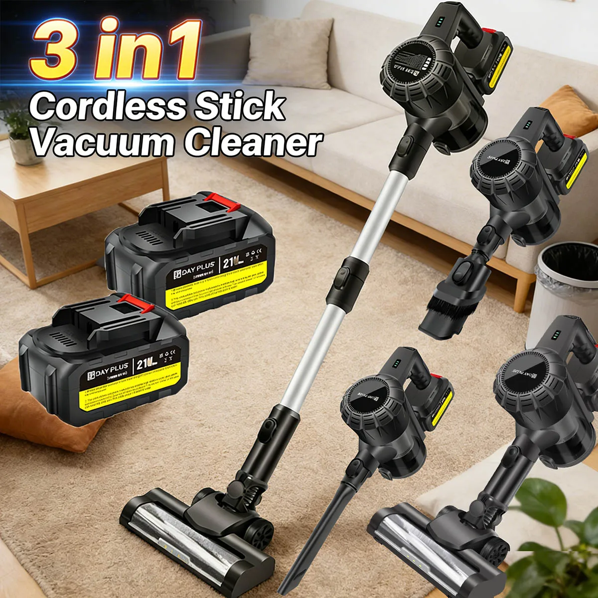 Aspirateur sans fil portatif pour la maison, gris (avec 2 batteries)