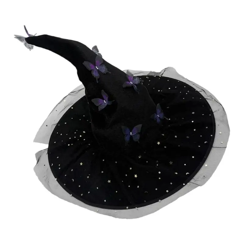 652F قبعة ساحرة الهالوين مجعدة قابلة للانحناء مع زي تزيين الفراشة