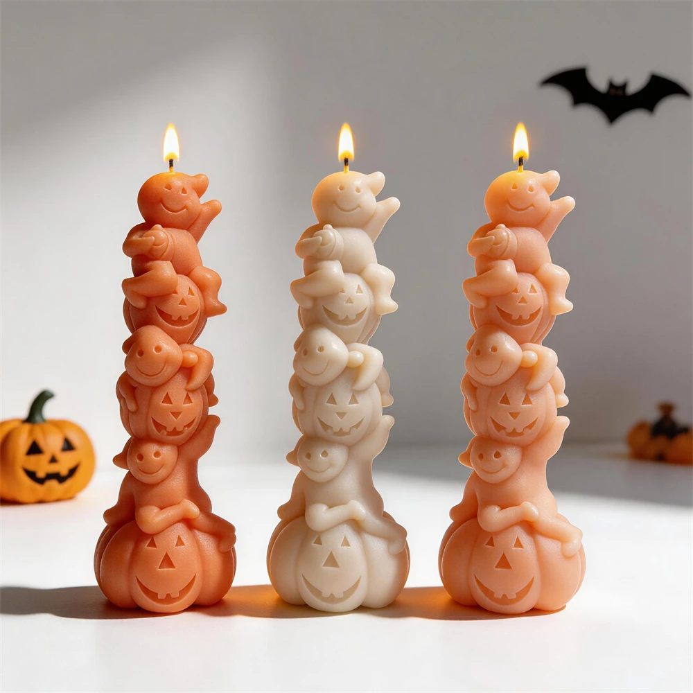 Halloween Kürbisstapel Silikonform Gestapelte Geister Sojawachs Kerzenform Harz Gipsform für Spukhaus Requisiten Deko Geschenk