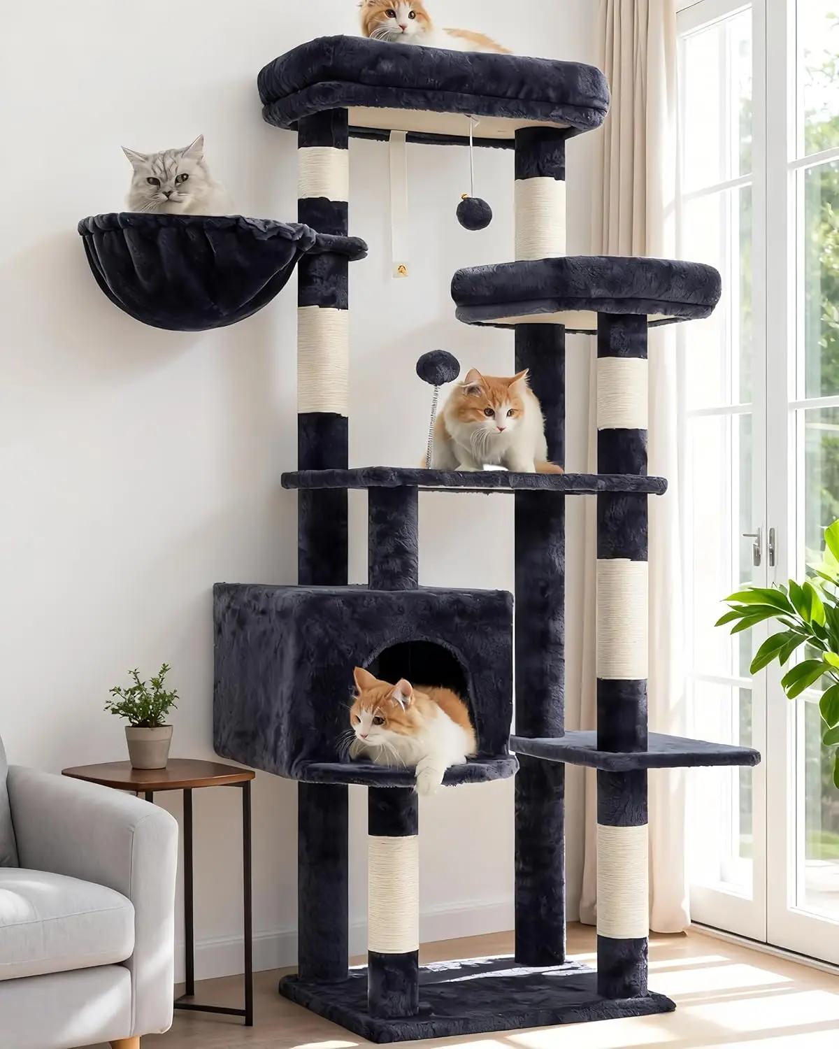 

55.1" Cat Tree with 7 Scratching Posts, Multi-Level Condo, Large Platform, Cave, Perches, Basket, Smoky Gray