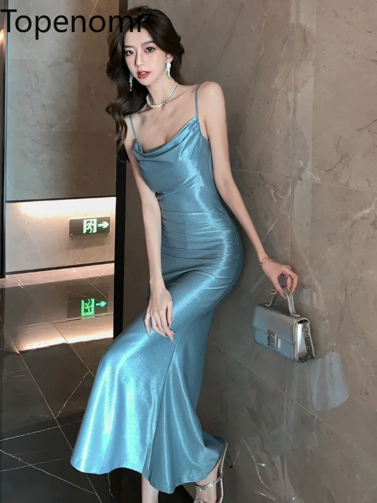 

Topenomi Sexy Spaghetti Strap Evening Dresses Women French Temperament Bright Silk High Waist Banquet Party Mermaid Long Dress