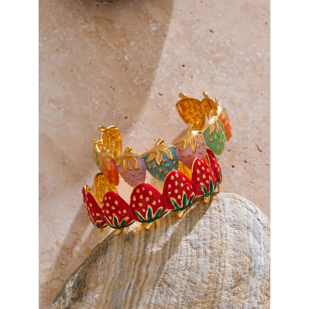 Yhpup Red & Colorful Enamel Strawberry Sweet Open Cuff Bracelet Bangle Hot Style Stainless Steel Golden Wrist Fruit Jewelry