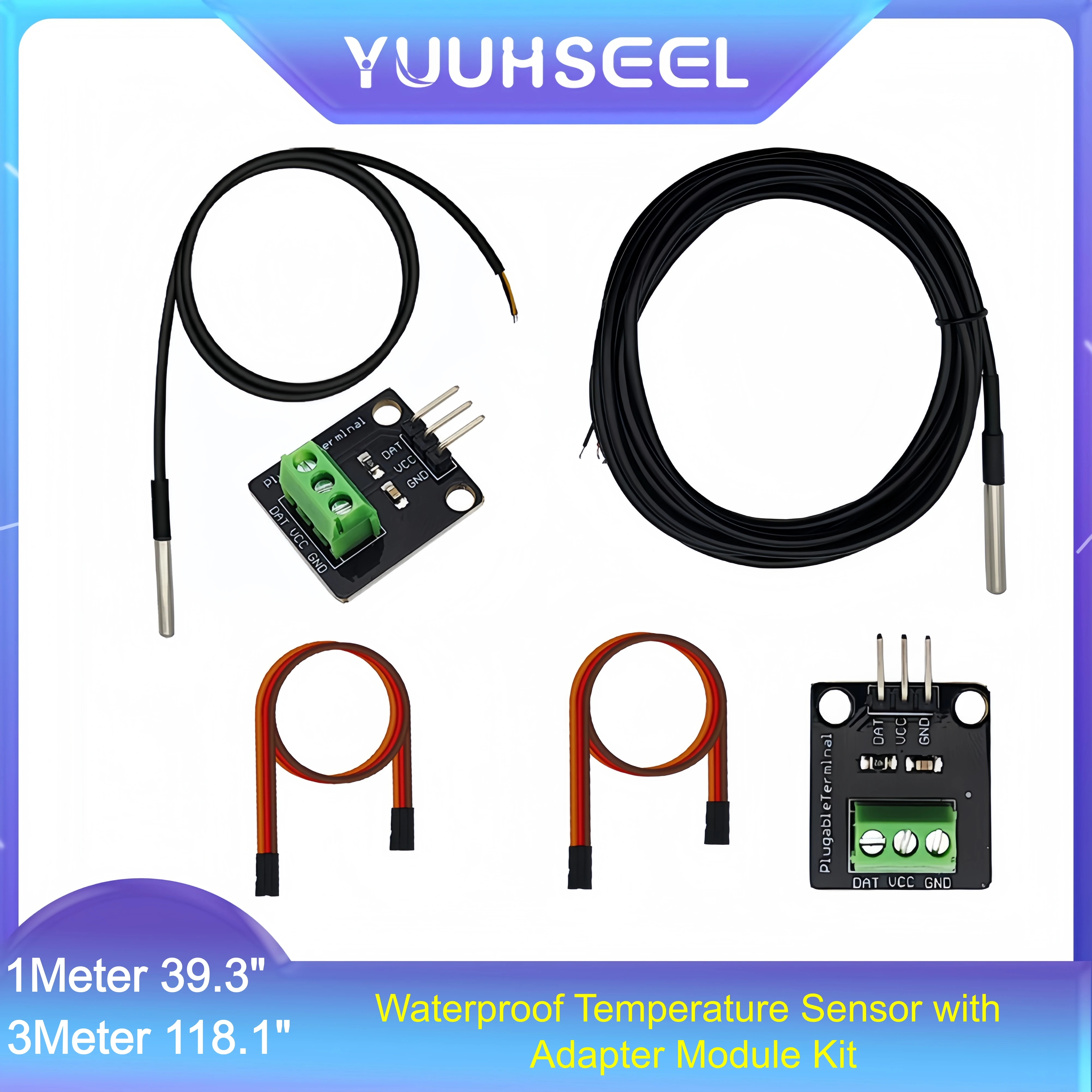 2Sets DS18B20 Waterproof Temperature Sensor Kit Stainless Steel Probe 1 Meter 39.3