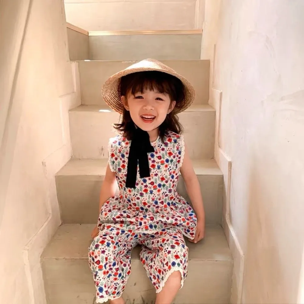Chapéu de sol infantil de aba grande, chapéu de palha coreano respirável para meninas, estilo pastoral com alça de queixo, viseira de palha para crianças e bebês
